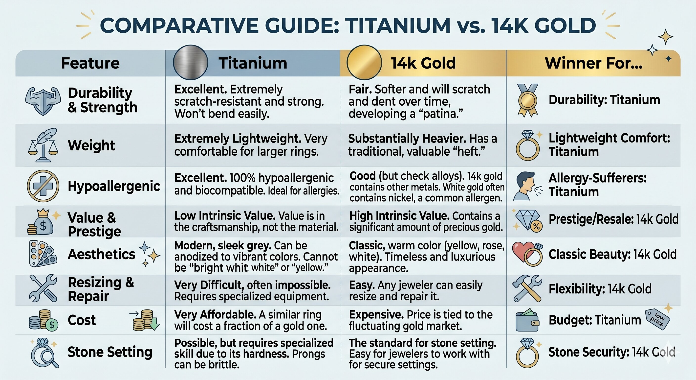 comparative guide titanium Vs 14K gold